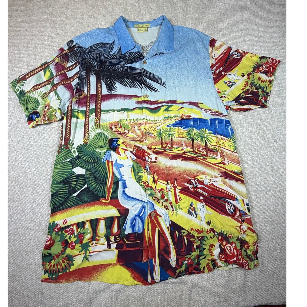 Tulliano Men XL Blue Yellow Silk Short Sleeve Button Front Beach Vacation Shirt